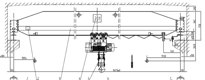 LD20ton-10.273m(span) H9m single girder overhead crane drawing