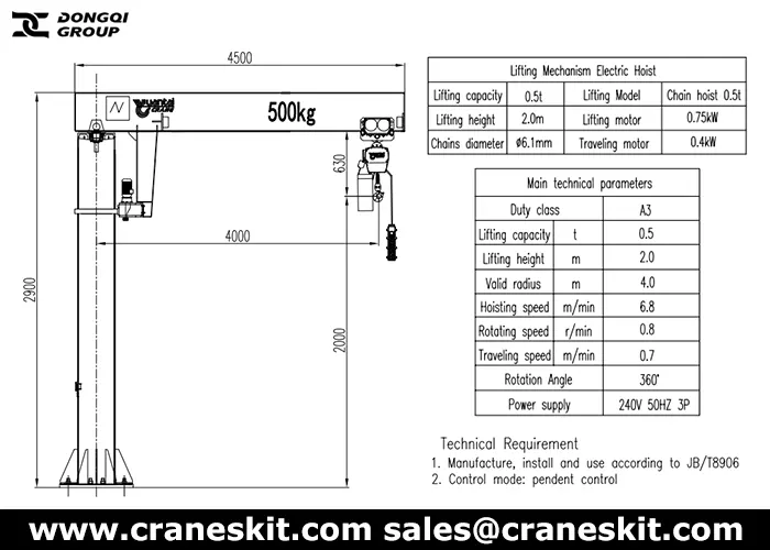 500kg freestanding jib crane for sale Australia design drawing