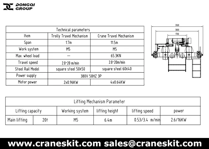 20 ton European overhead crane to Panama design specifications