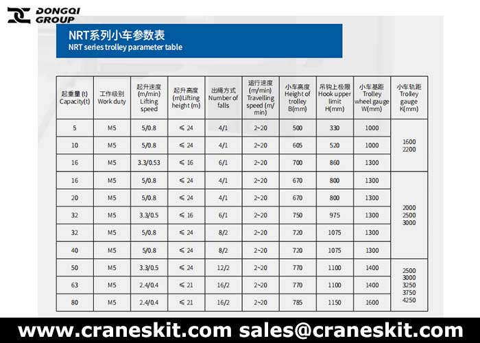 NRT type double rail electric hoist specifications